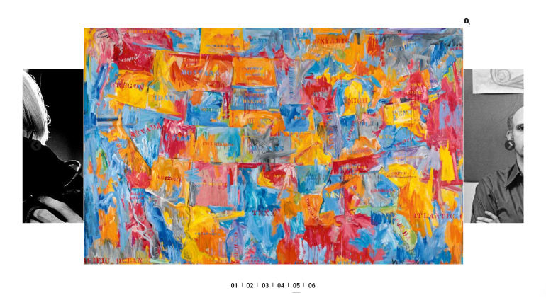 Centered gallery with a dominant artwork, side previews, and numbered pagination